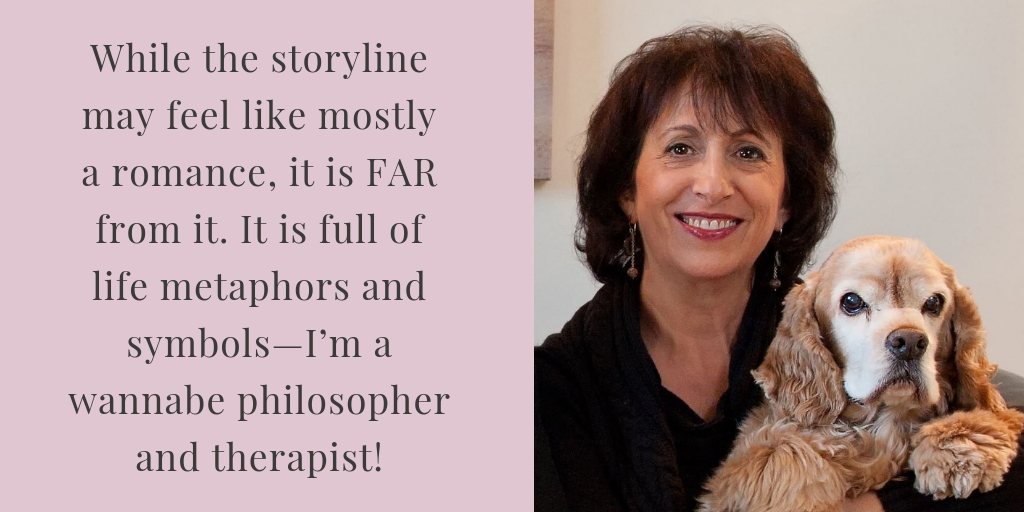 Picture of Mindy Pollack-Fusi and her late dog Gilligan aside the quote "While the storyline may feel like mostly a romance, it is FAR from it. It is full of life metaphors and symbols—I’m a wannabe philosopher and therapist!"