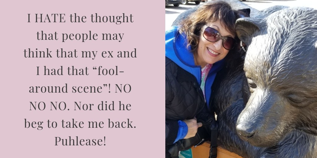 A picture of Mindy Pollack-Fusi alongside the quote "I HATE the thought that people may think that my ex and I had that “fool-around scene”! NO NO NO. Nor did he beg to take me back. Puhlease!"