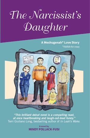 Book cover of The Narcissist's Daughter showing the title and an illustrated family portrait showing two men, two women and a little girl